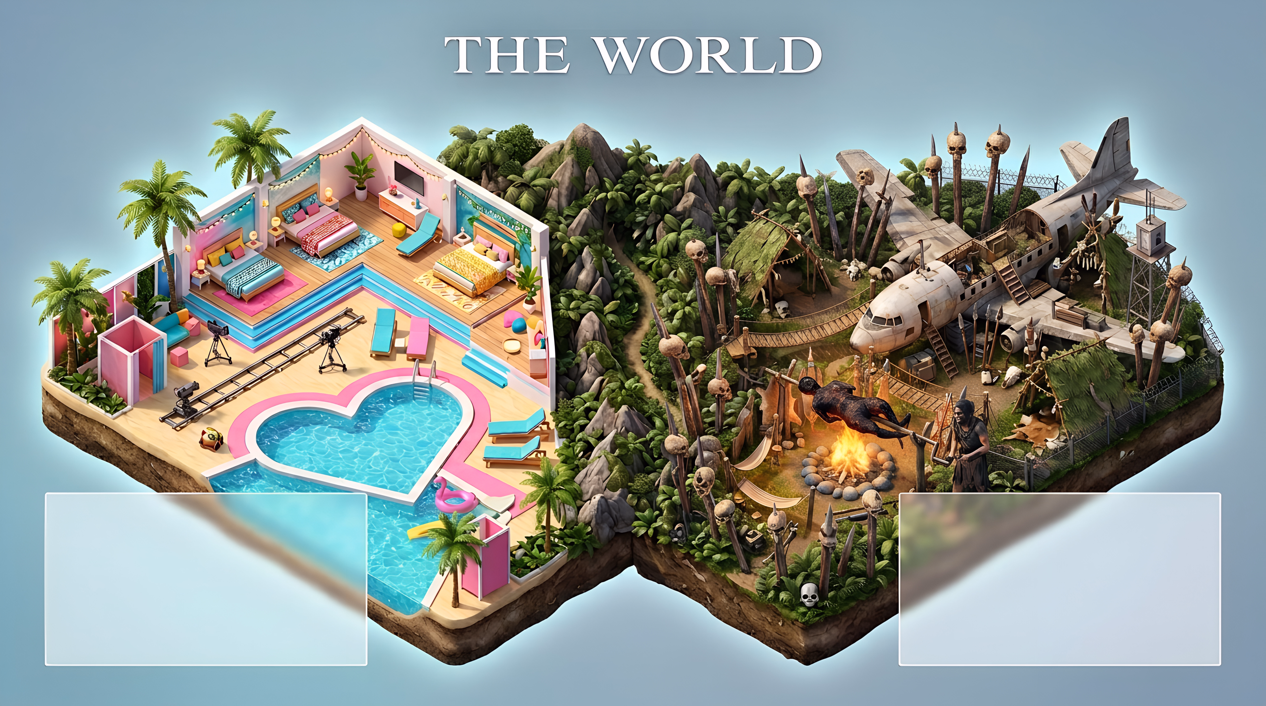 A glossy tropical reality-show villa and heart-shaped pool divided from a fortified jungle settlement built around a crashed airplane